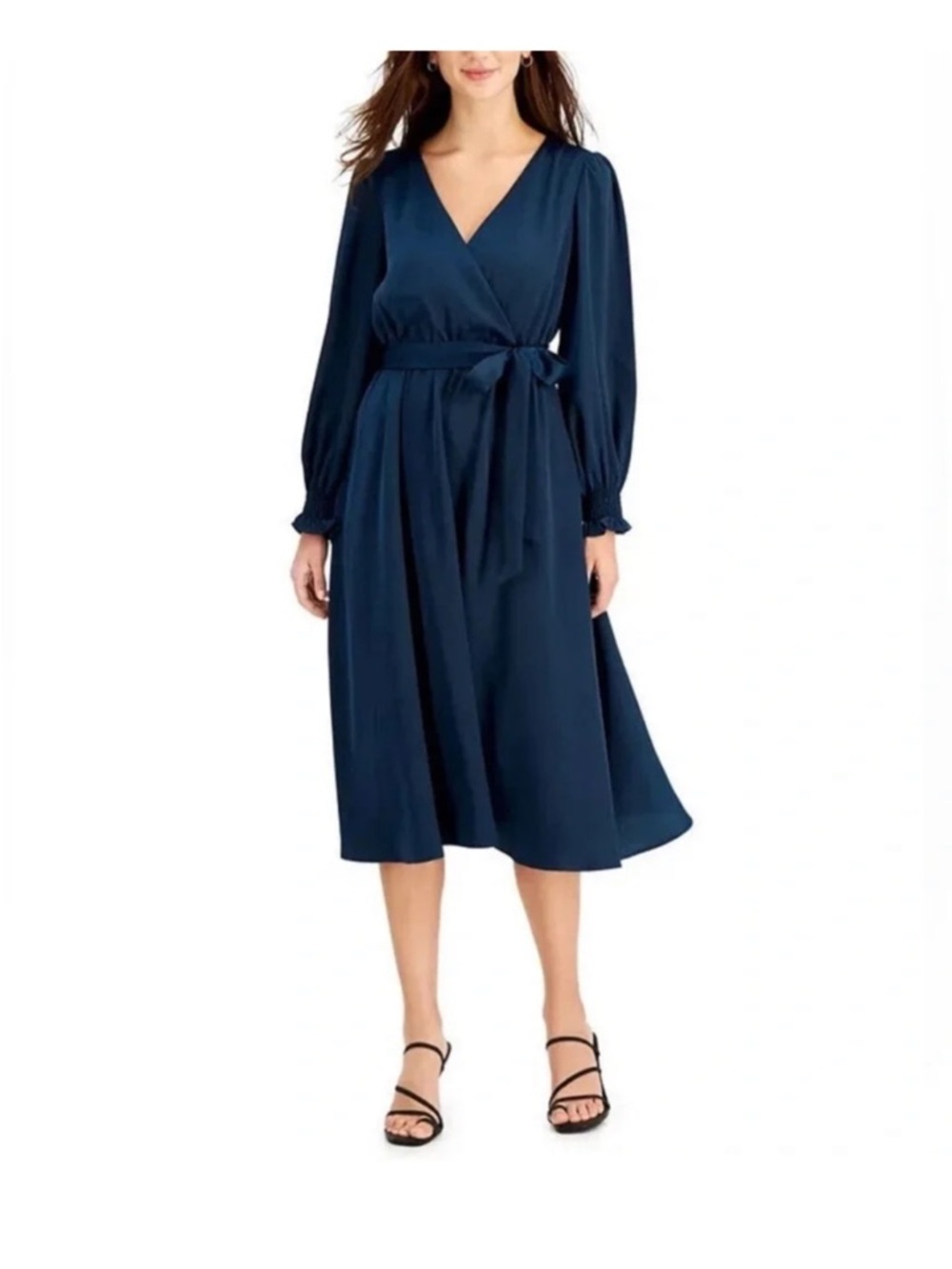 Just...Taylor Deep Navy Wrap Midi Dress with Long Sleeves spring wedding guest